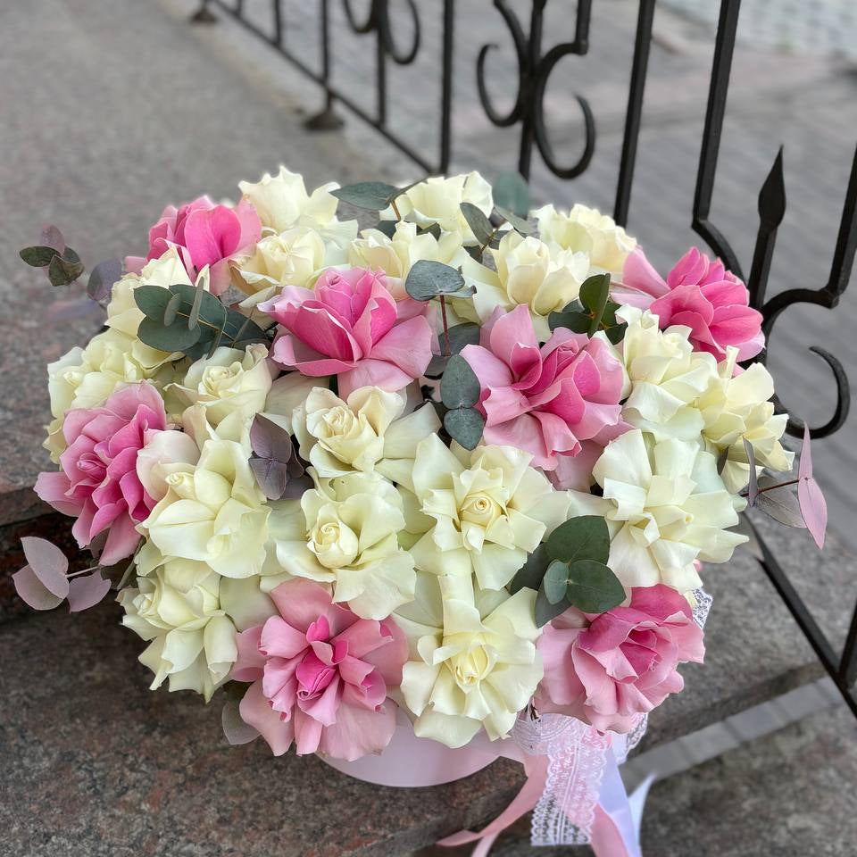 Біло-рожеві французькі троянди в коробці «Пудрова гармонія»