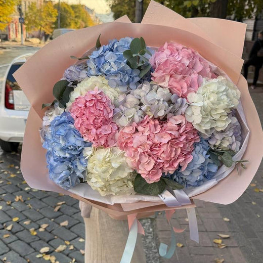 Букет гортензій «Пастельні хмари» — рожеві, блакитні та білі відтінки